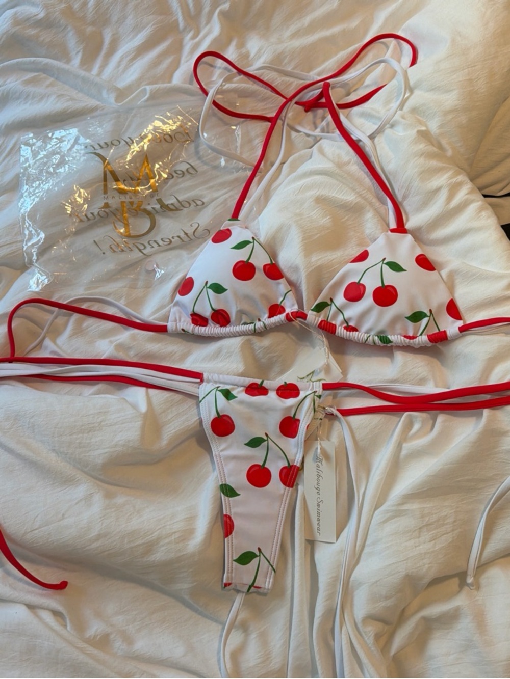 Cherry Print String Bikini Top & Bottom - Red on White